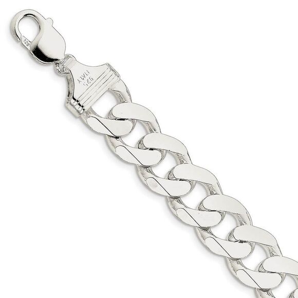 Men's 15mm Sterling Silver Solid Flat Curb Chain Bracelet 9 Inch